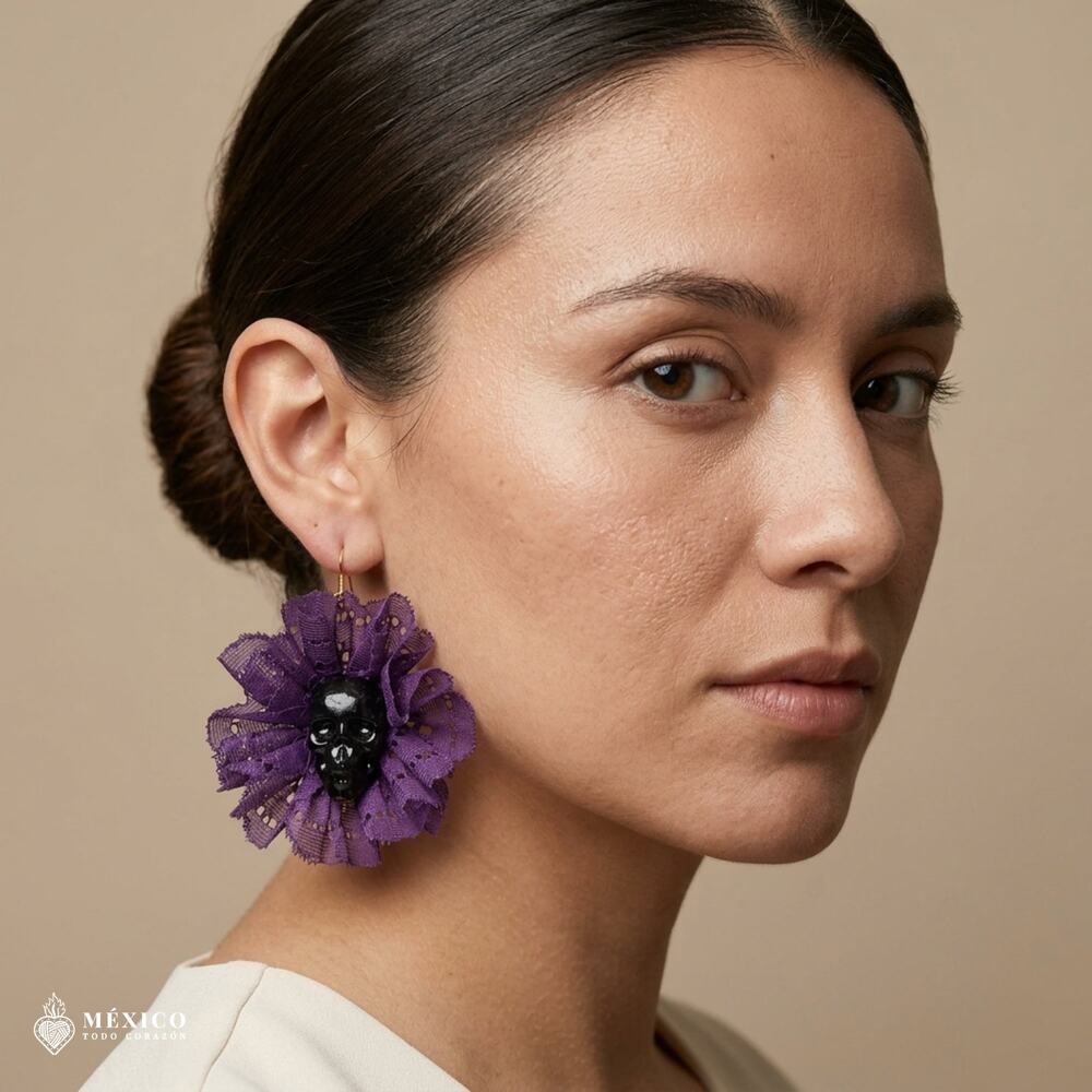 Purple Day of the Dead Skull Earrings – Mexican Lace Catrina Style